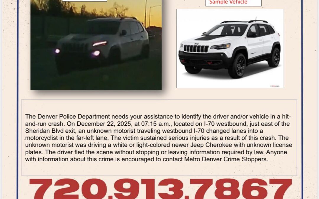Choque con fuga en I-70: Policía de Denver busca Jeep Cherokee tras grave accidente de motociclista