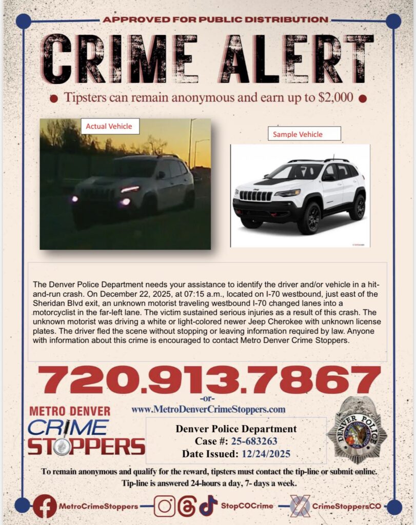 Choque con fuga en I-70: Policía de Denver busca Jeep Cherokee tras grave accidente de motociclista